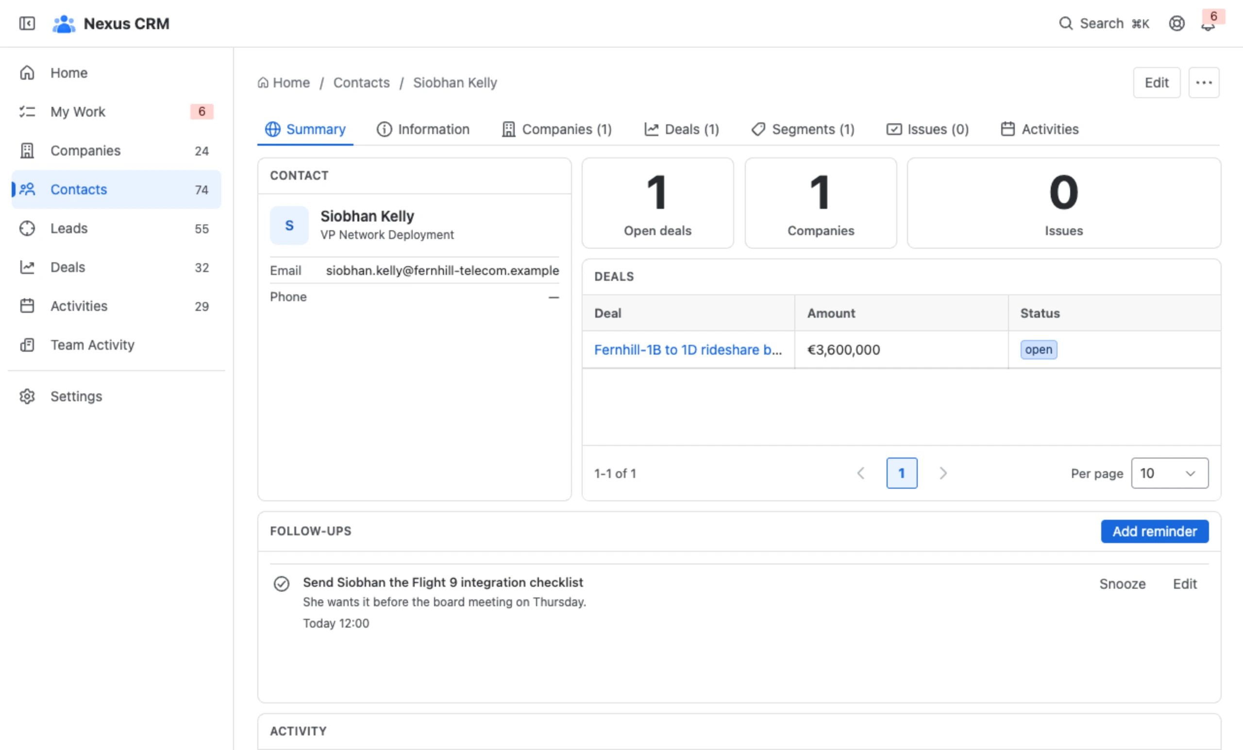 A contact’s companies, deals, segments, follow-ups and activity.