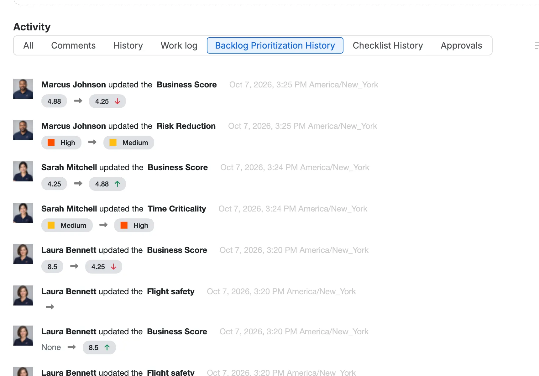 Backlog Prioritization History: every change, who made it, and the score before and after.