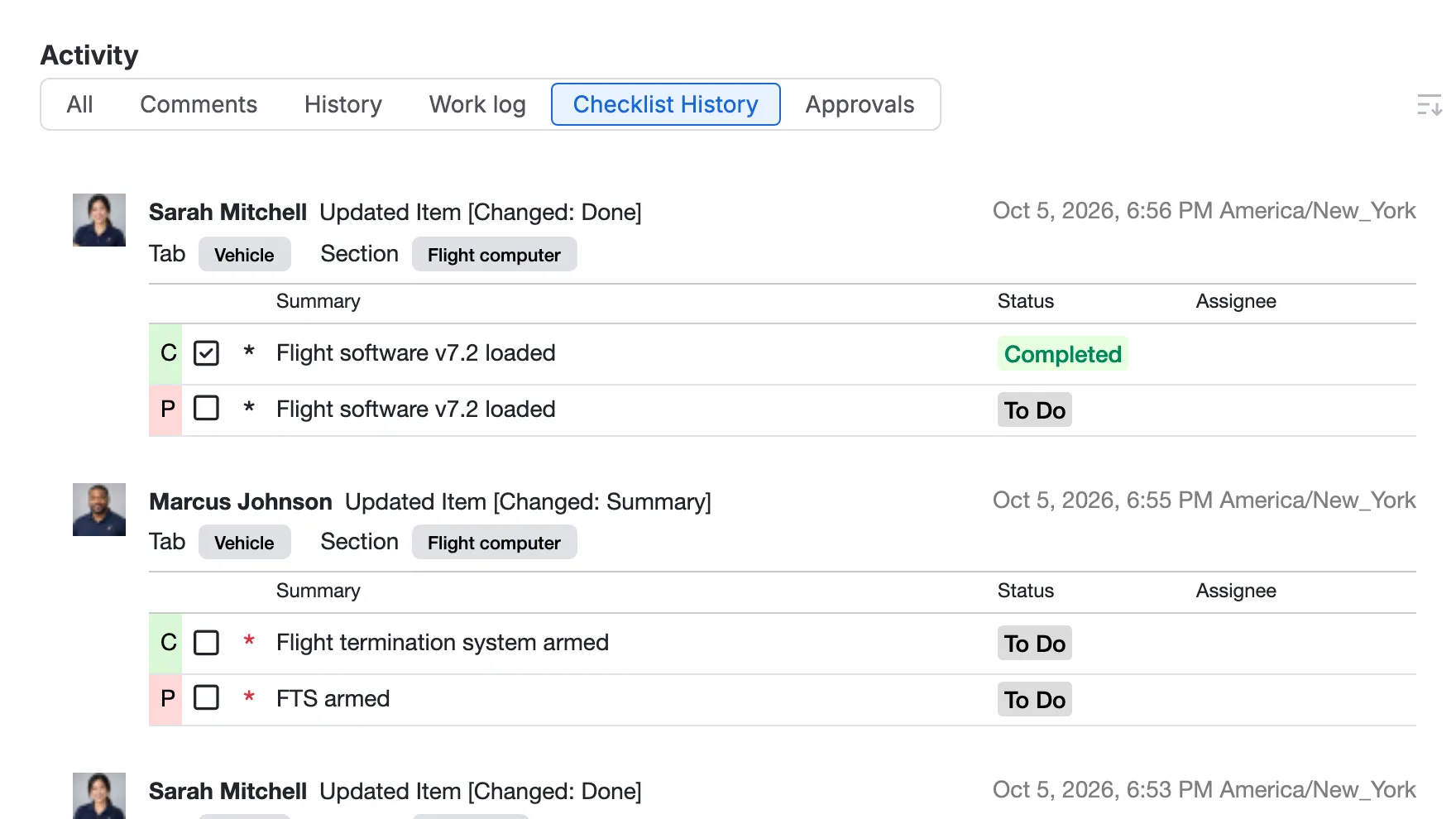 Checklist History: every change, who made it and when.