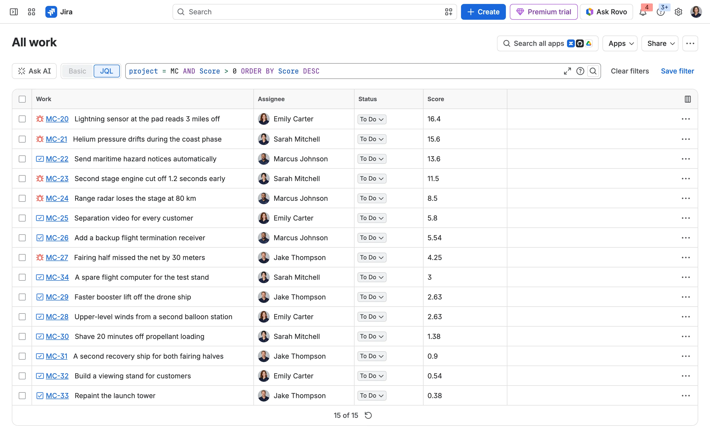 Score is a Jira field: search and sort by it with JQL.