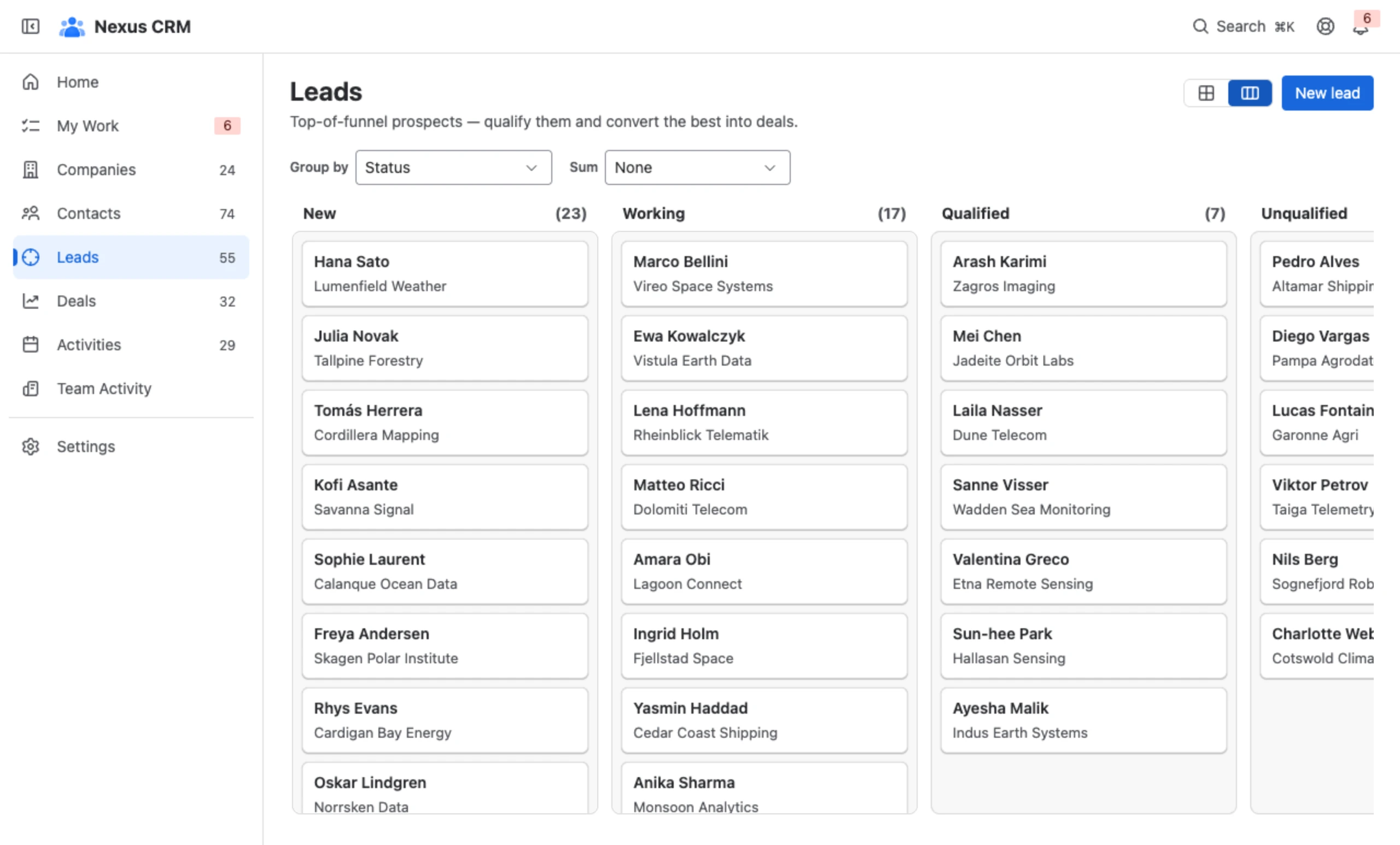 Leads on a board by status, ready to qualify and convert into deals.