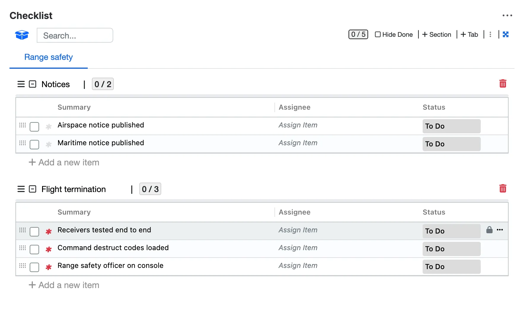 Locked checks nobody can delete or rename, and a red star on the mandatory ones.