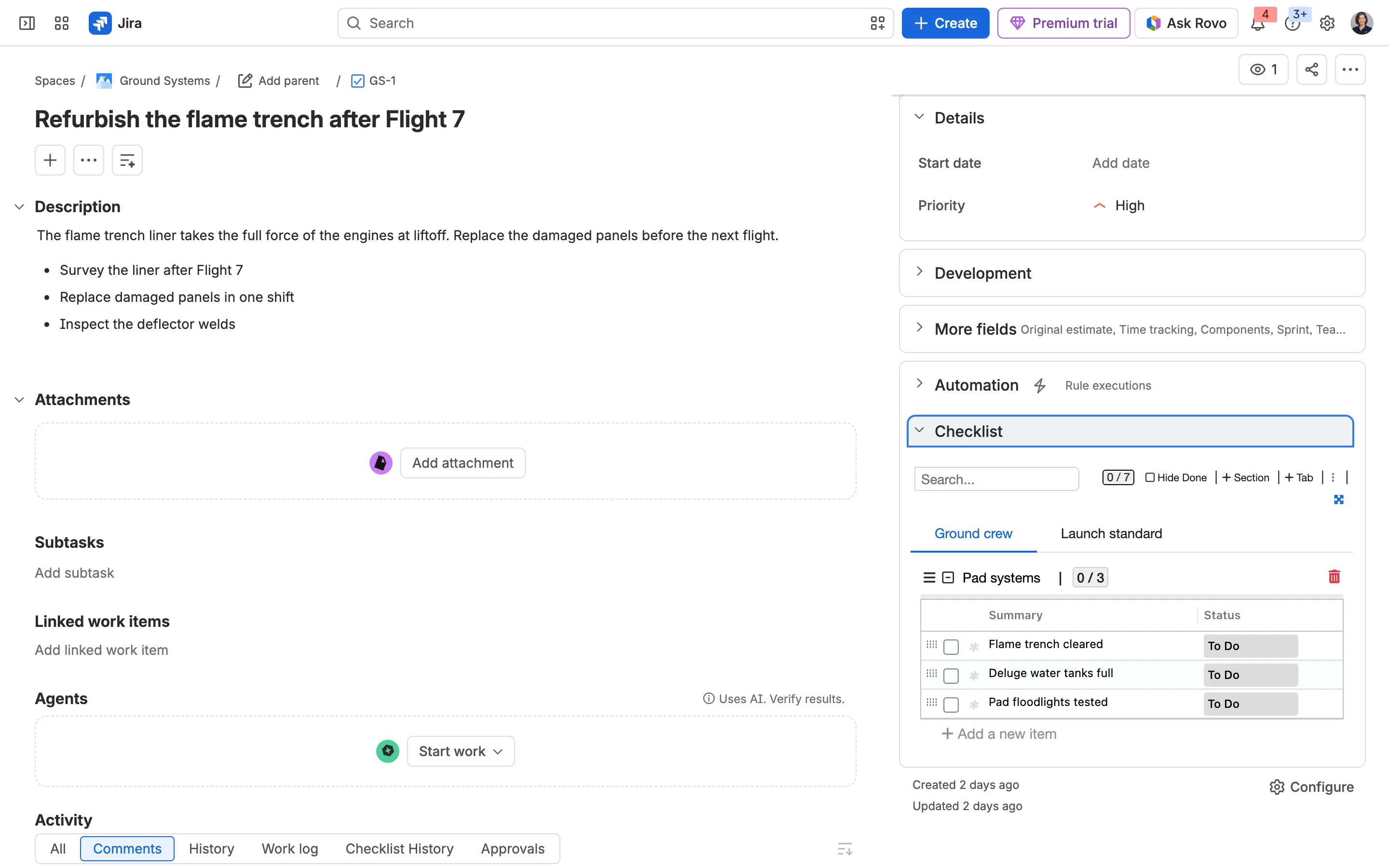 A global template and a team’s own, merged into one checklist in the right-hand column.