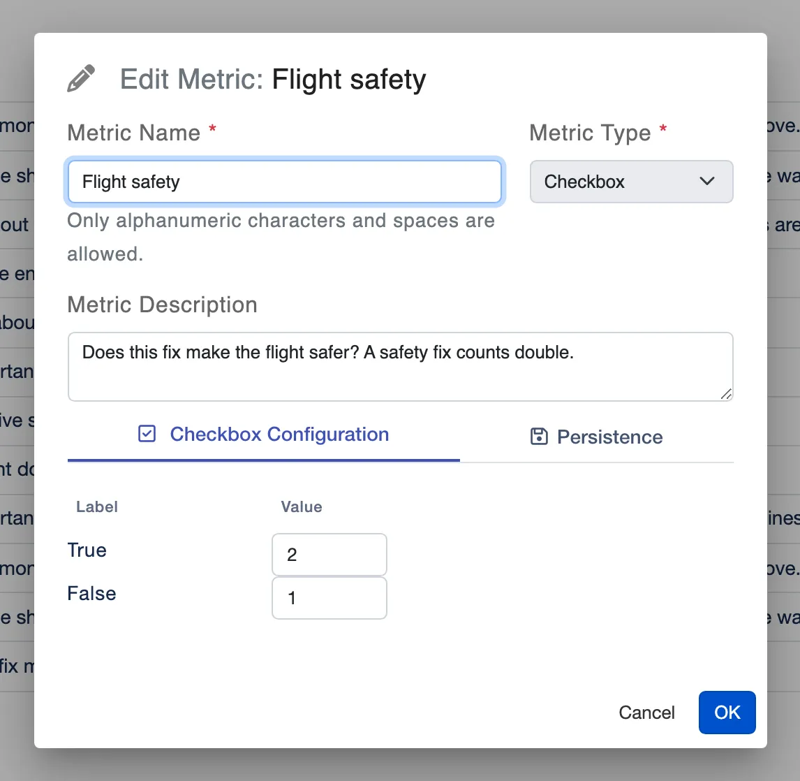 Metrics of your own: a number, a label, stars or a yes-or-no checkbox, each with its own values.