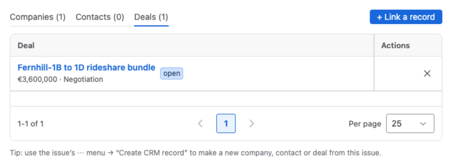 The deals, contacts and companies linked to a Jira work item, in a panel on the work item.