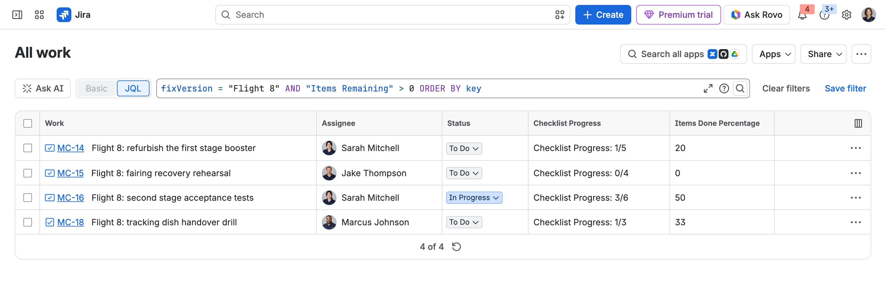 Find issues by checklist progress, with Checklist’s fields as columns.