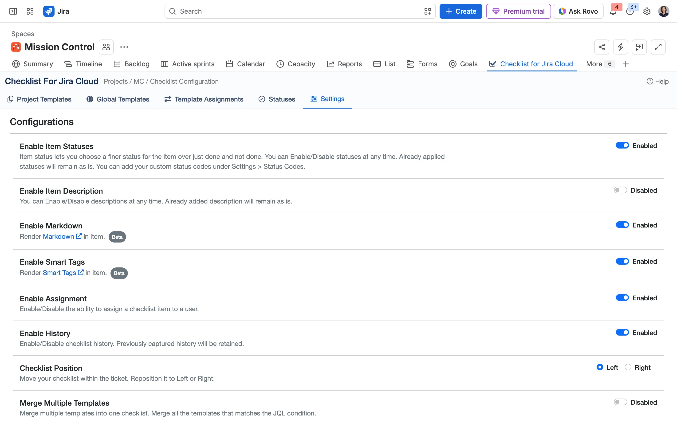Each project switches on what it needs: statuses, Markdown, Smart Tags, owners, history and more.