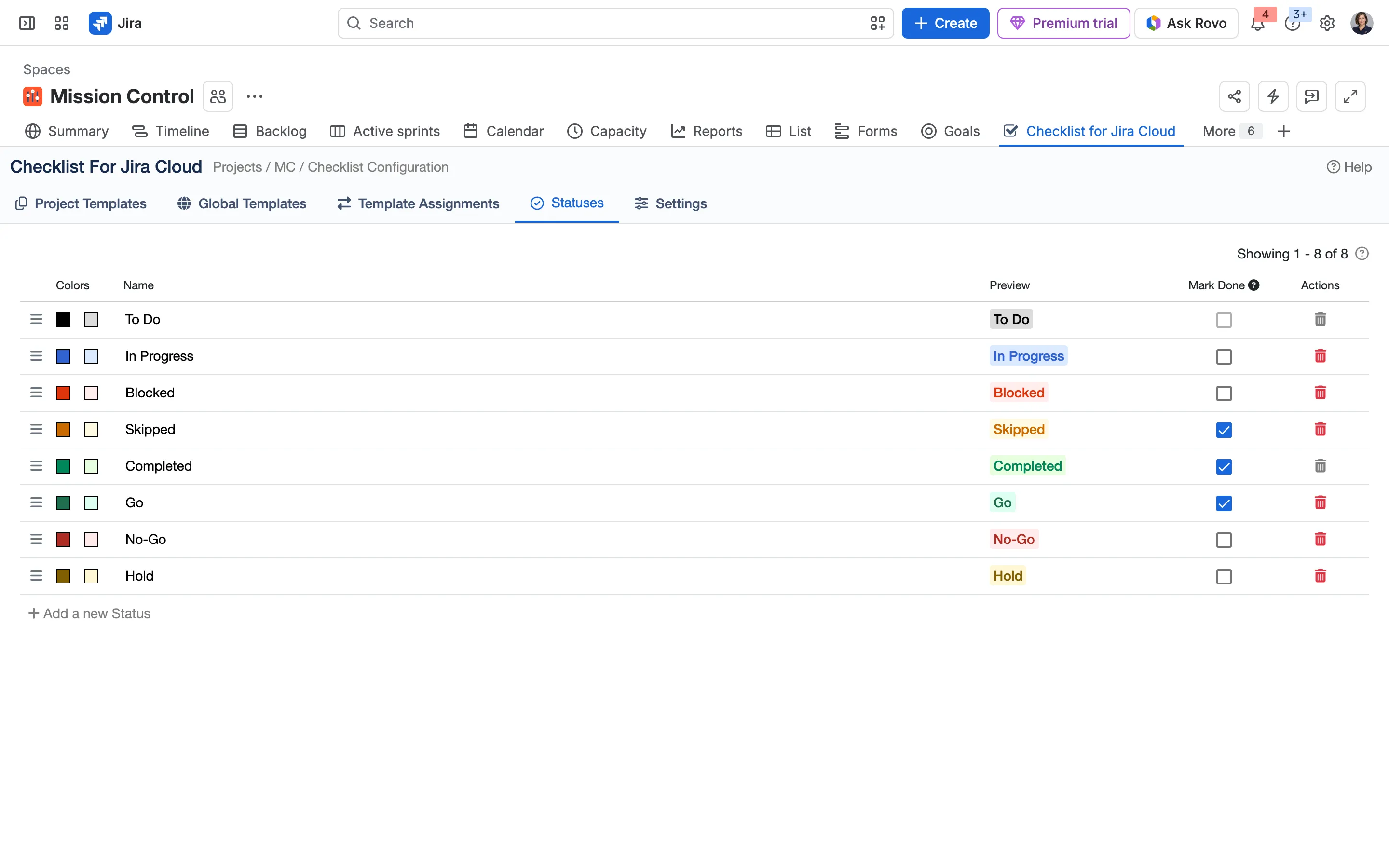 Each project sets up its statuses and their colours on its Checklist page.