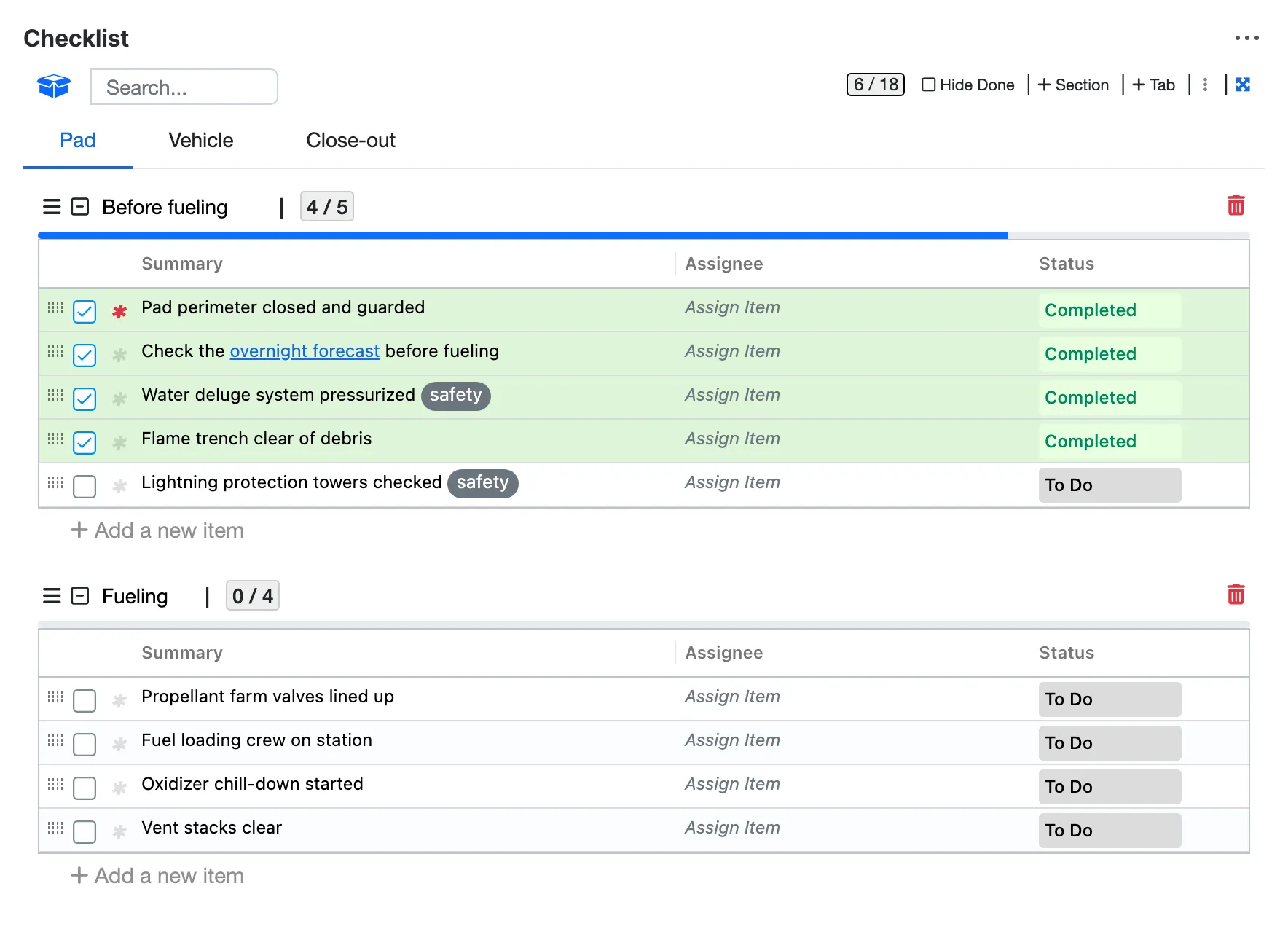 Group items with tabs and sections